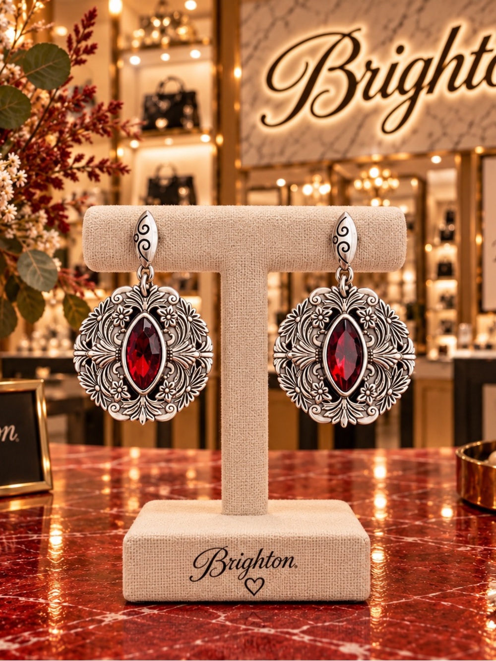 Brighton Rouge Lace Silver Plate Drop Post Earring w Red Navette Crystal